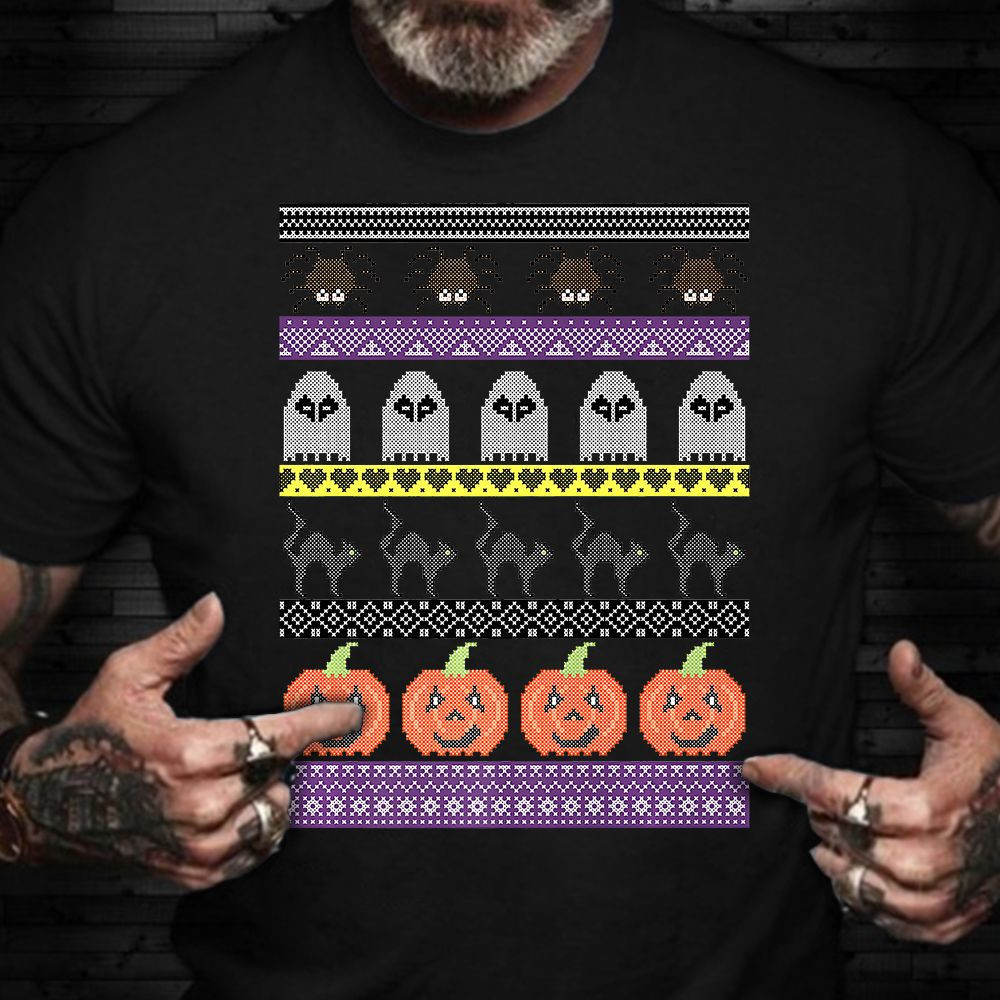 Pumpkins Black Cats Ghosts Spider Halloween Ugly Sweater Shirt Halloween Graphic Tee