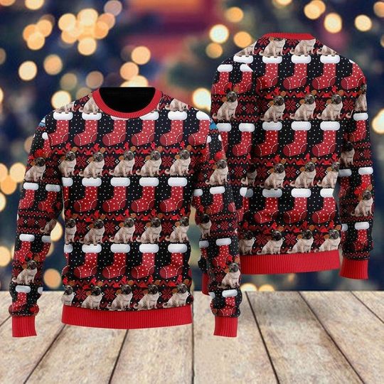 Puppy Dog With Red Xmas Socks Pattern Christmas Sweater - Image 4