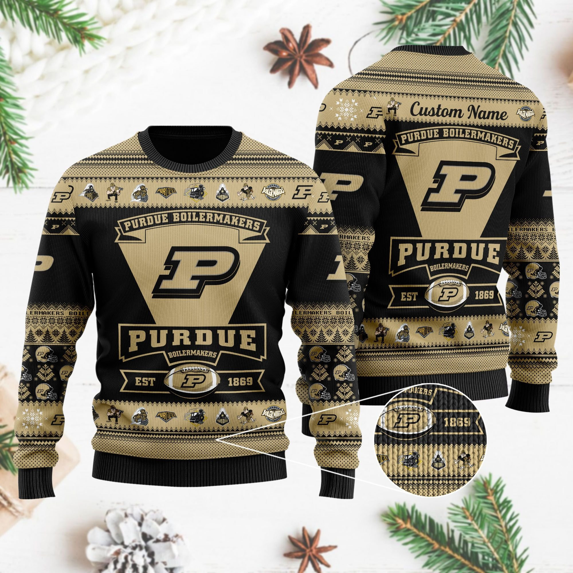 Purdue Boilermakers Football Team Logo Custom Name Personalized Ugly Christmas Sweater Adult 3D Funny Matching for family
