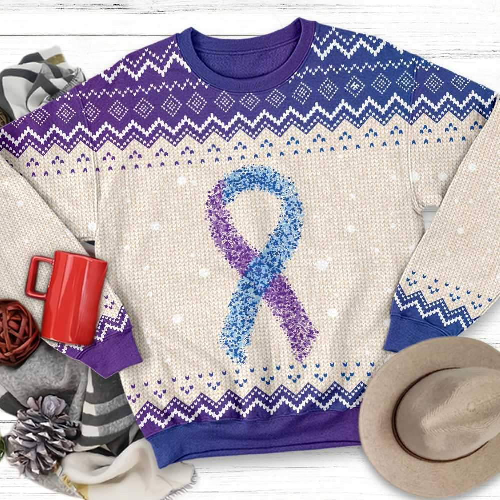 Purple And Blue Ribbon Awareness Ugly Christmas Sweater Adult 3D Funny Matching for family