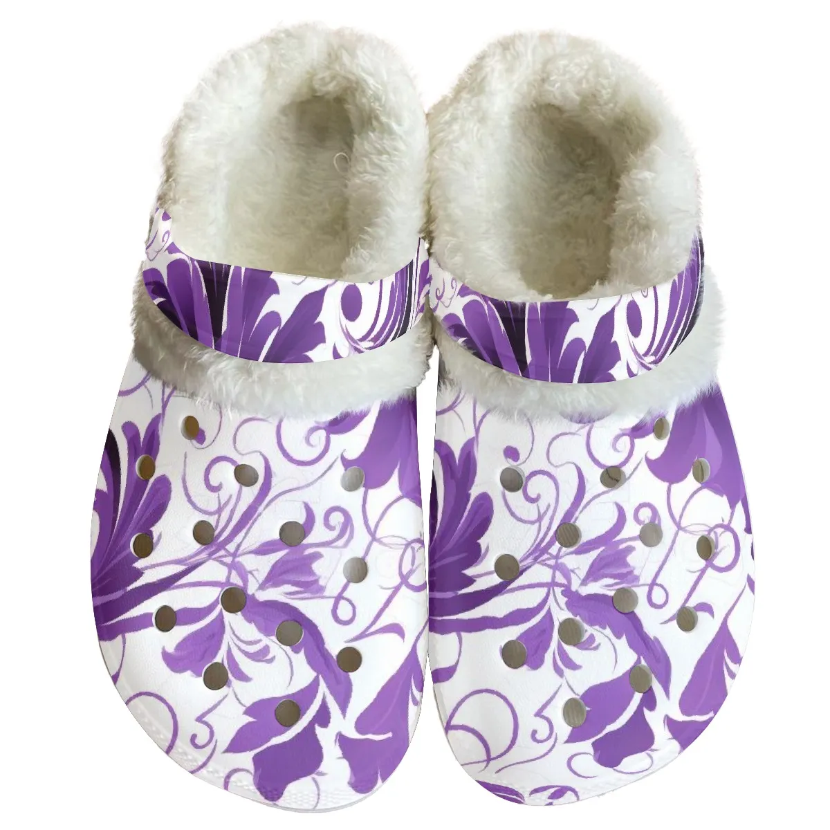 Purple Floral Crocs Crocband Fleece Lined Clogs Shoes Comfortable For Men Women and Kids In Winter