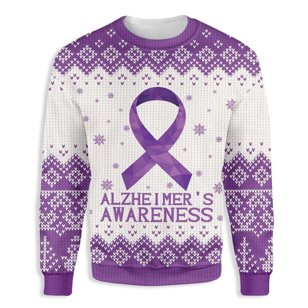 Purple Ribbon Alzheimer Awareness Ugly Christmas Sweater Adult 3D Funny Matching for family