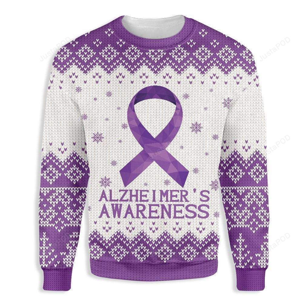 Purple Ribbon Alzheimer Awareness Ugly Christmas Sweater Adult 3D Funny Matching for family