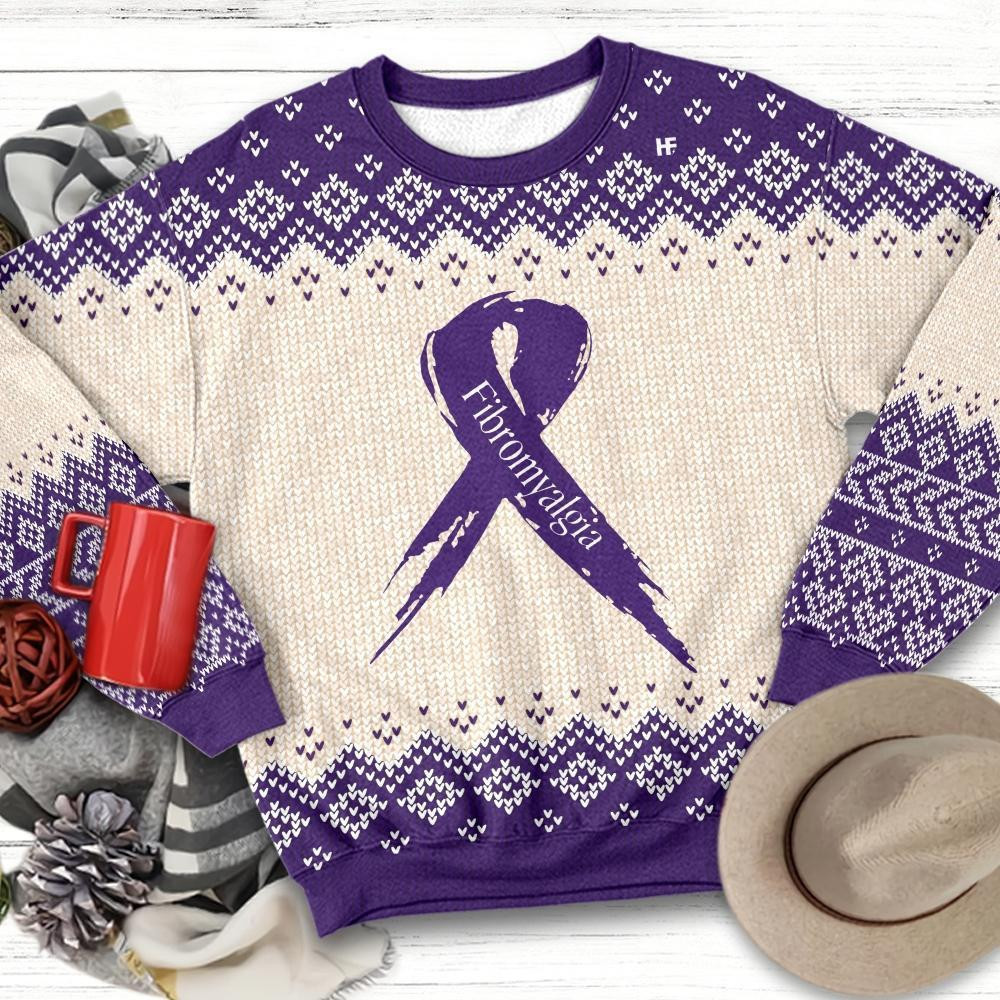 Purple Ribbon Fibromyalgia Awareness Ugly Christmas Sweater Adult 3D Funny Matching for family
