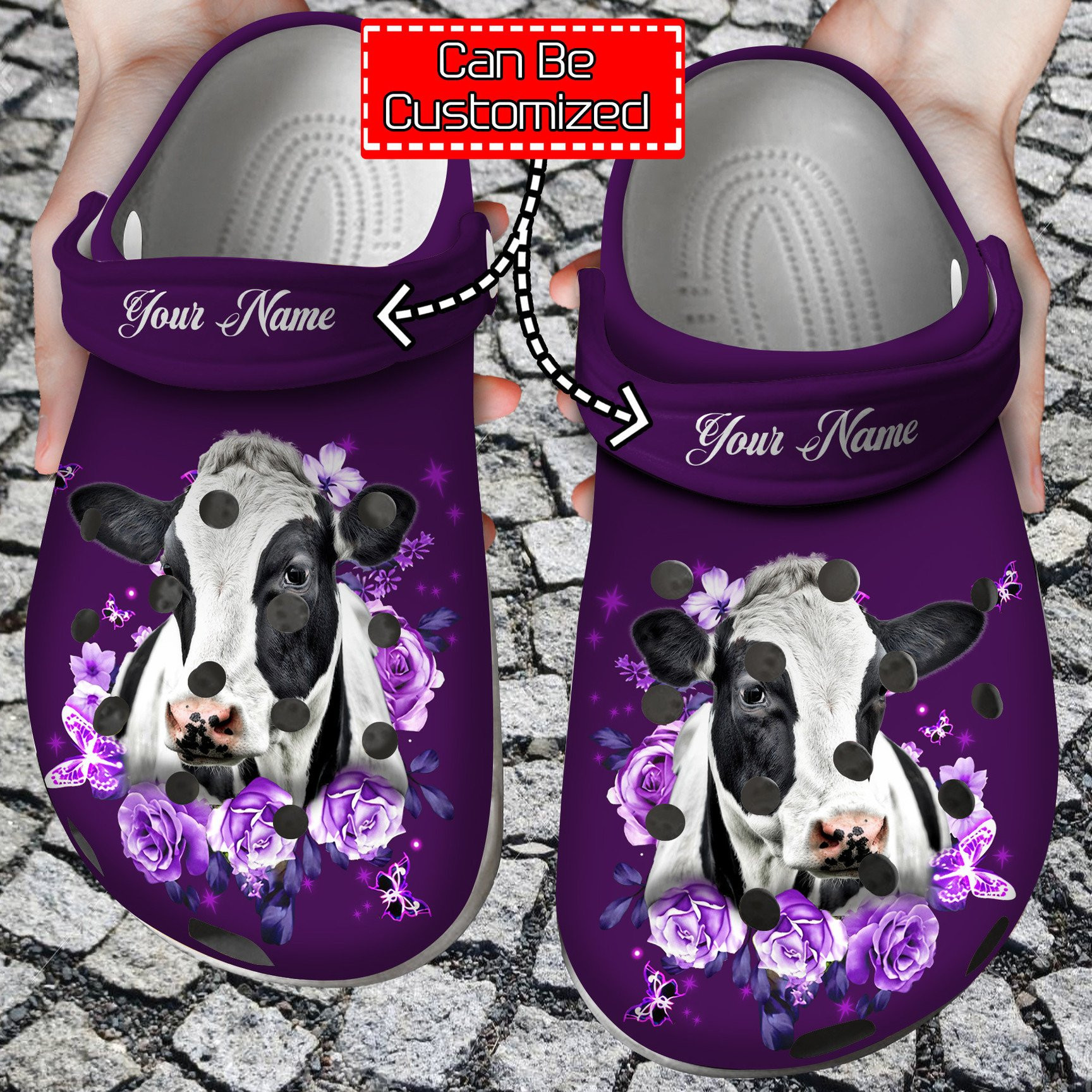 Purple Roses And Cow Clogs Shoes Cow