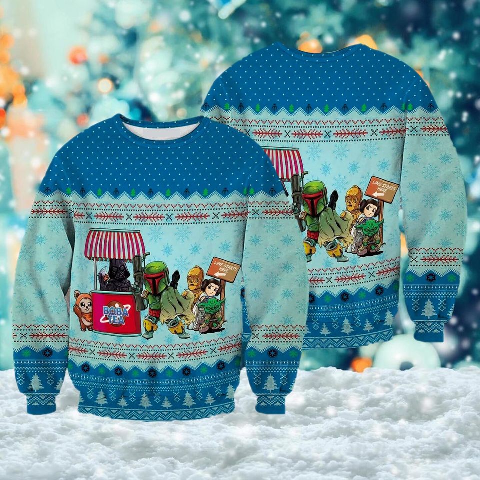 Queue For BobaTea 3D Ugly Christmas Sweater, Funny Galaxy Hero Family Xmas Sweater