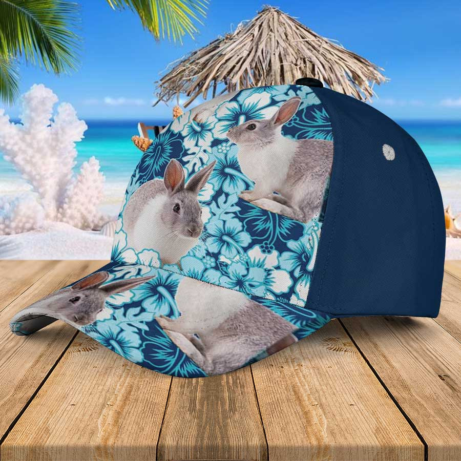Rabbit Blue Hibiscus Flowers Hawaiian Summer Hats, Rabbit Beach 3D Baseball Cap Trucker Hats Custom Hats Gifts For Men & Women