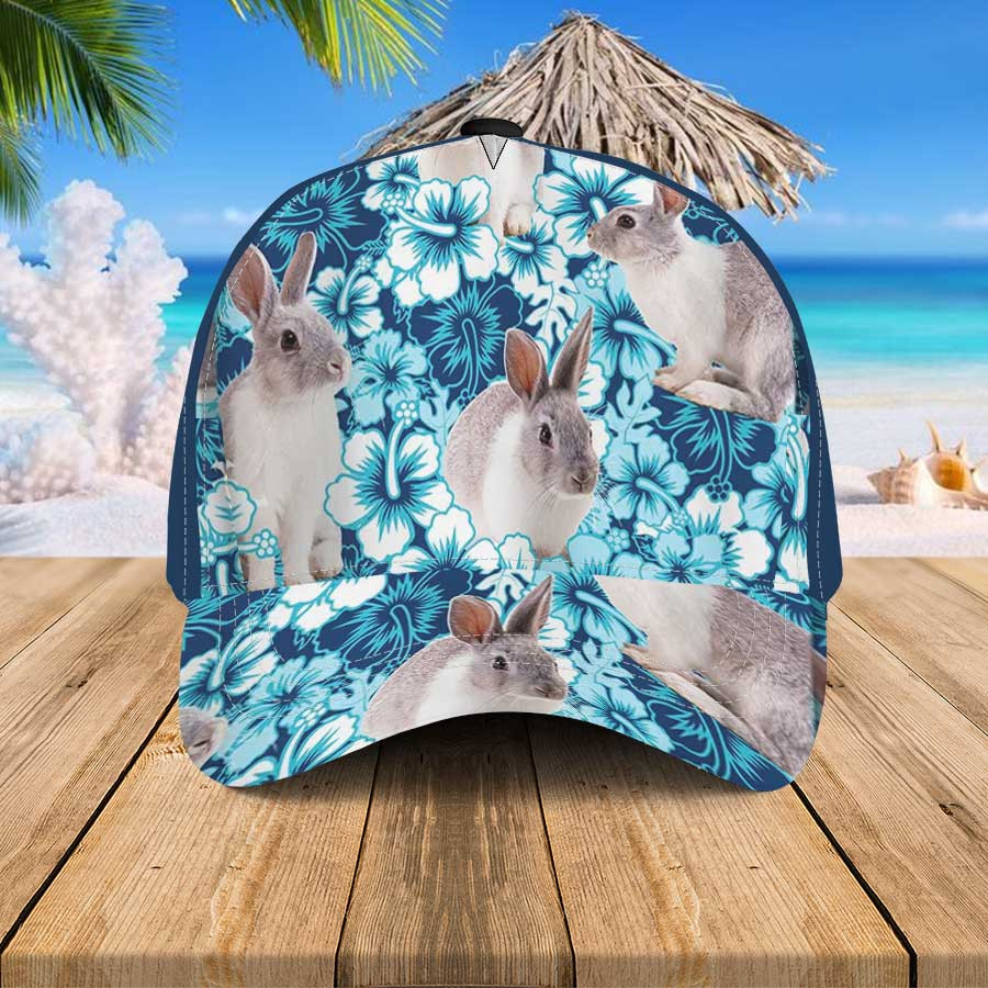 Rabbit Blue Hibiscus Flowers Hawaiian Summer Hats, Rabbit Beach 3D Baseball Cap Trucker Hats Custom Hats Gifts For Men & Women