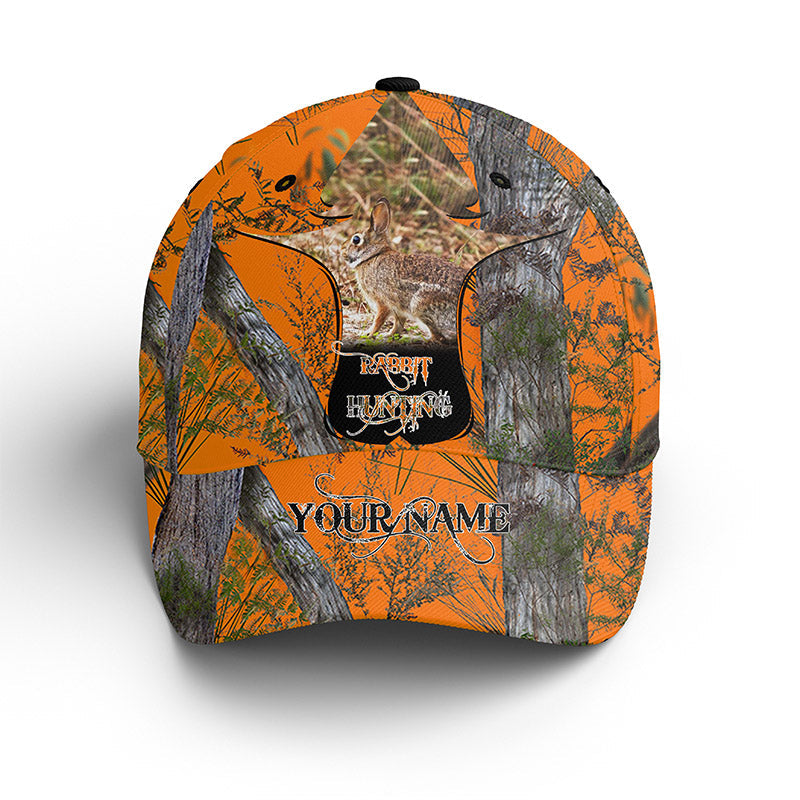 Rabbit Hunting Orange Camo Custom Name Hunting Hat, Adjustable Mesh Unisex Hunting Baseball Hat, Fishing Classic Cap Trucker Hats Custom Hats Gifts For Men & Women