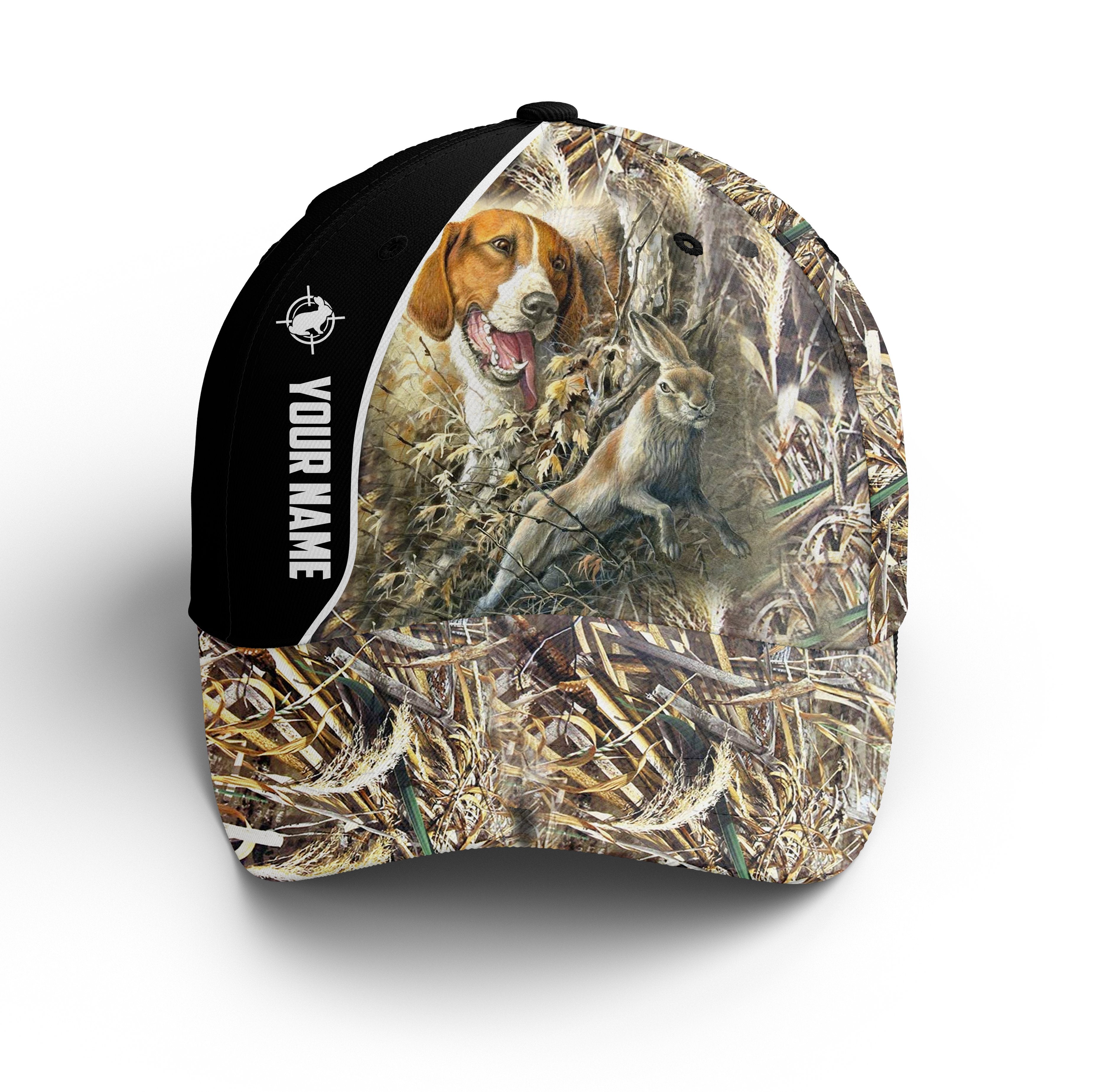 Rabbit Hunting With Beagle Camo Custom Name Hunting Hat Unisex Hunting Baseball Hat, Fishing Classic Cap Trucker Hats Custom Hats Gifts For Men & Women
