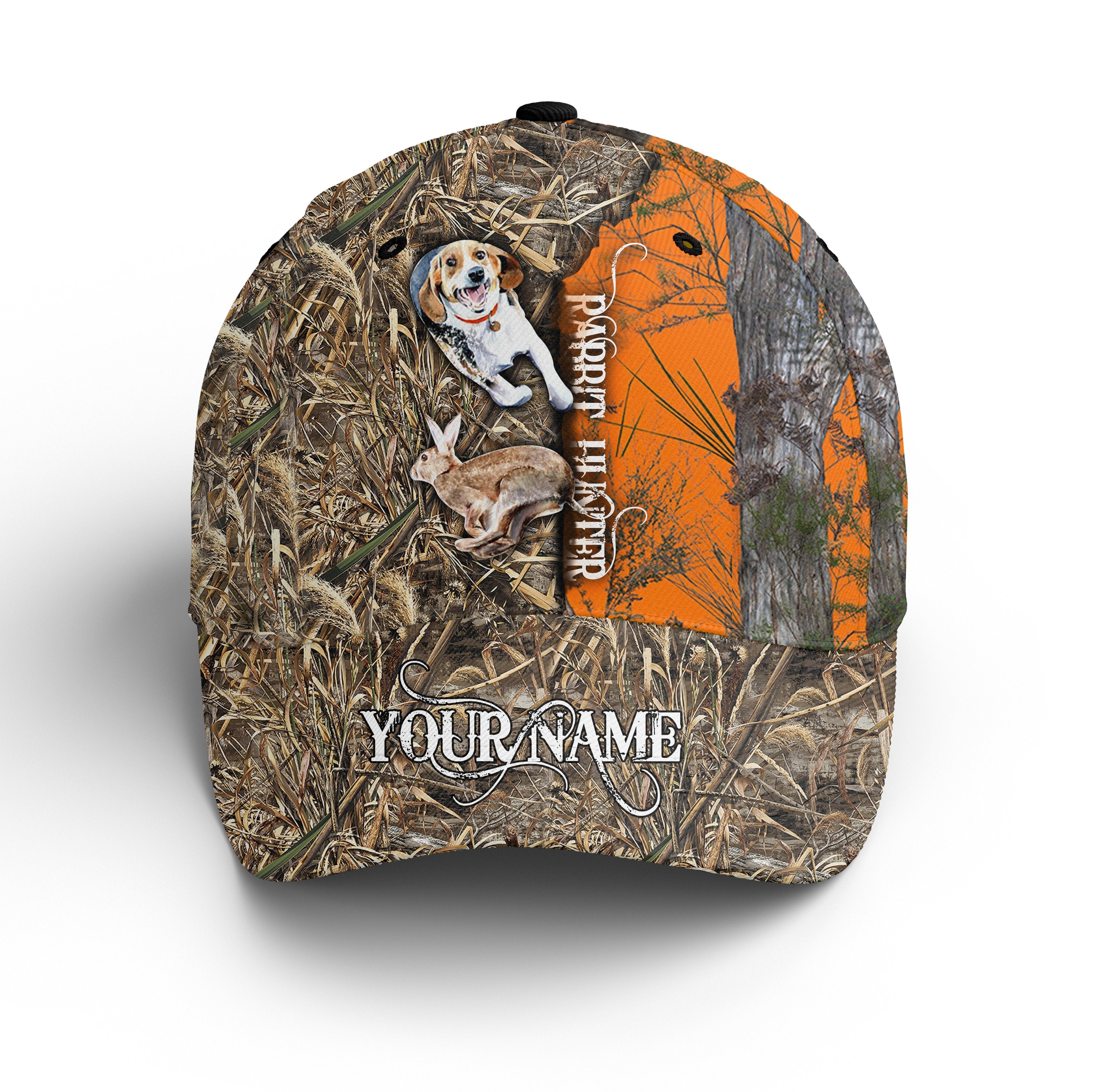 Rabbit Hunting With Beagle Orange Camo Custom Name Hunting Hat Unisex Hunting Baseball Hat, Fishing Classic Cap Trucker Hats Custom Hats Gifts For Men & Women