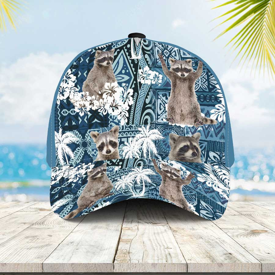 Raccoon Blue Tribal Pattern Hawaiian Cap, Raccoon Summer Hat for Men & Women Trucker Hats Custom Hats Gifts For Men & Women