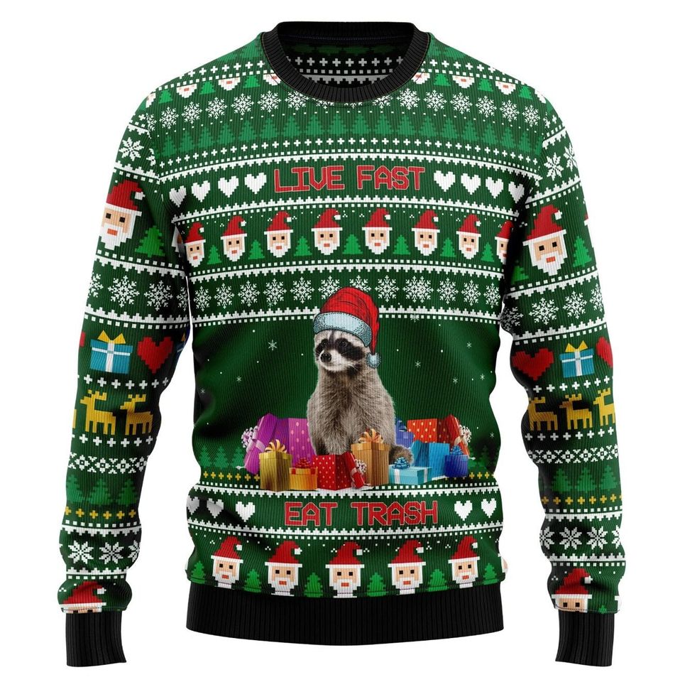 Raccoon Live Fast Eat Trash Ugly Knitted Christmas Sweater