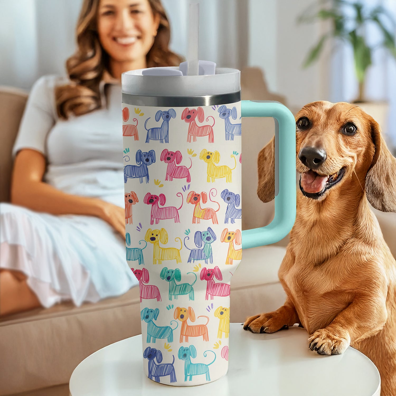 Rainbow Doodle Dachshund Custom Stanley Cup 40 oz 30 oz Tumbler With HandleTVC2301308 - Image 2