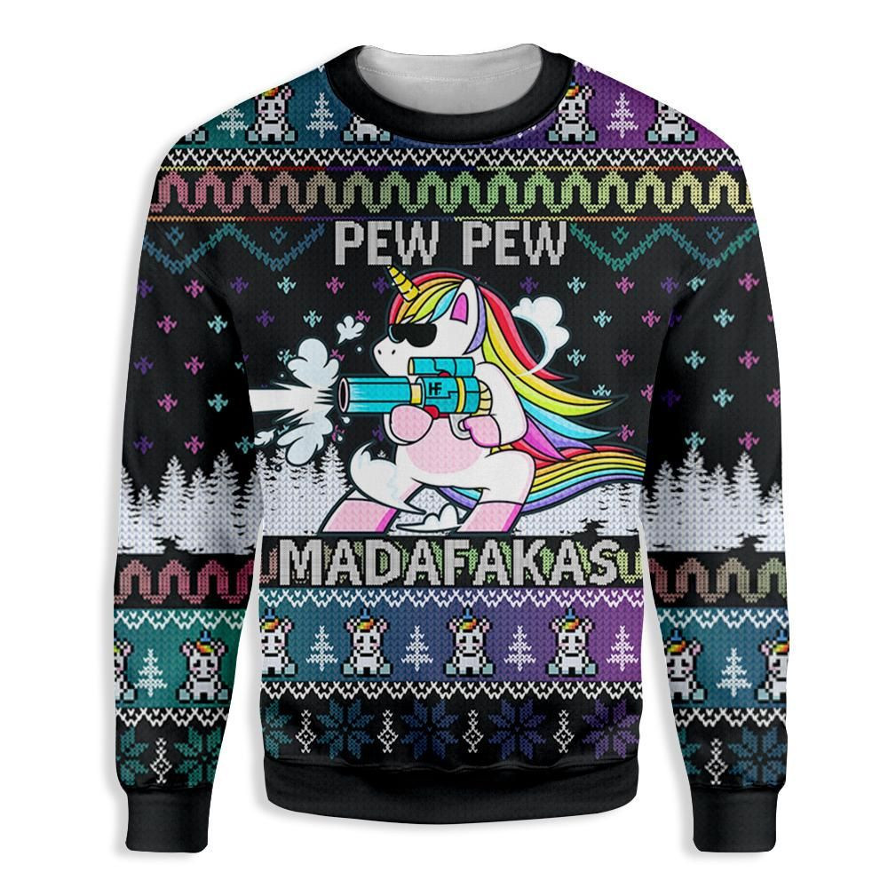 Rainbow Pew Pew Madafakas Ugly Christmas Sweater Adult 3D Funny Matching for family
