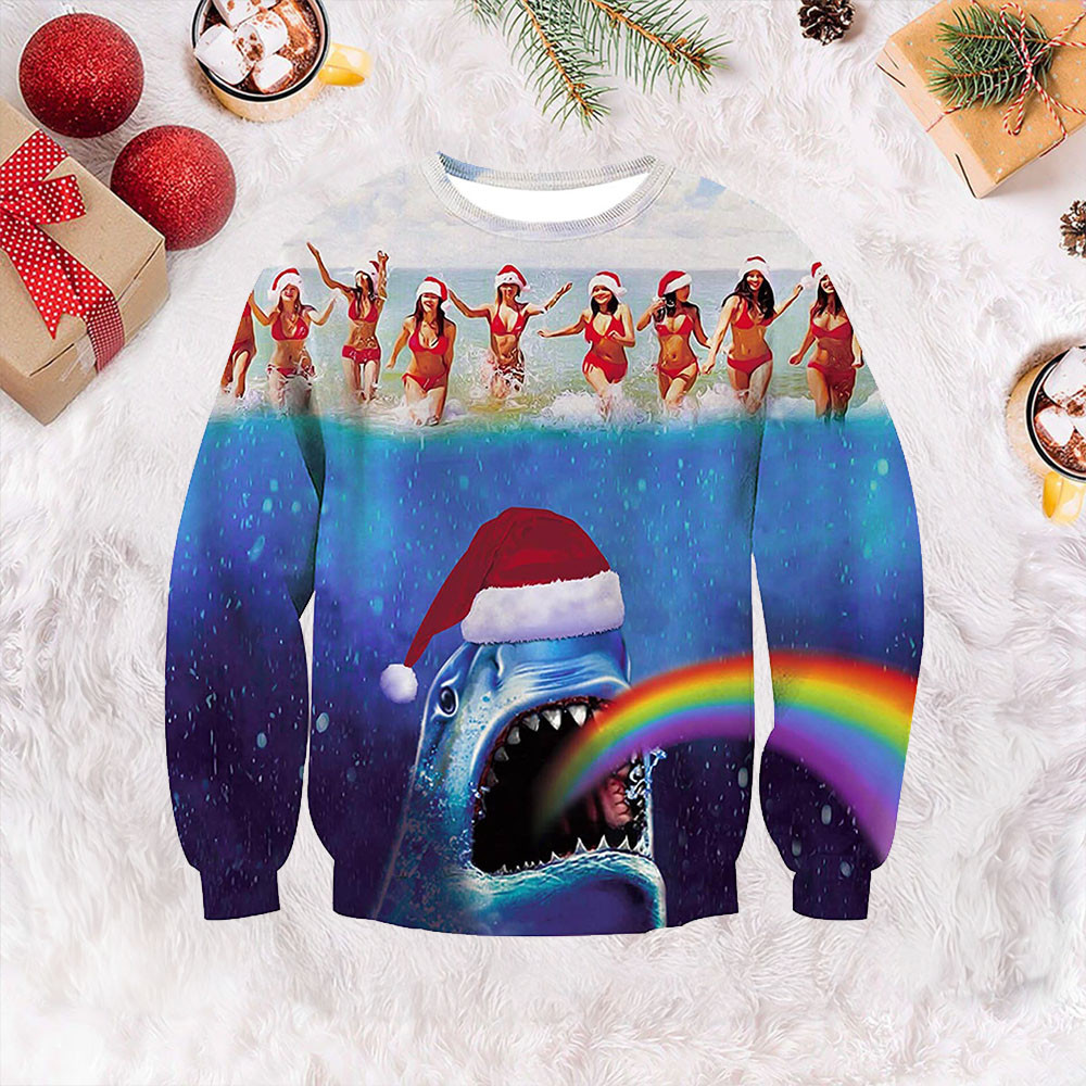 Rainbow Shark Ugly Christmas Sweater Cute Holiday Sweater Xmas Gifts For Friends
