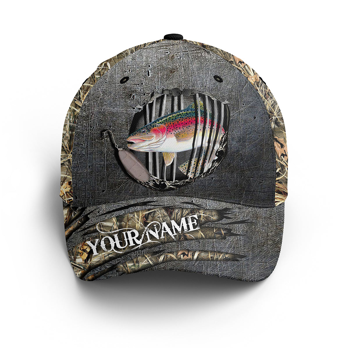Rainbow Trout Fishing Camo Custom Fishing Hat Adjustable Mesh Unisex Fishing Baseball Angler Trout Hat Cap, Fishing Classic Cap Trucker Hats Custom Hats Gifts For Men & Women