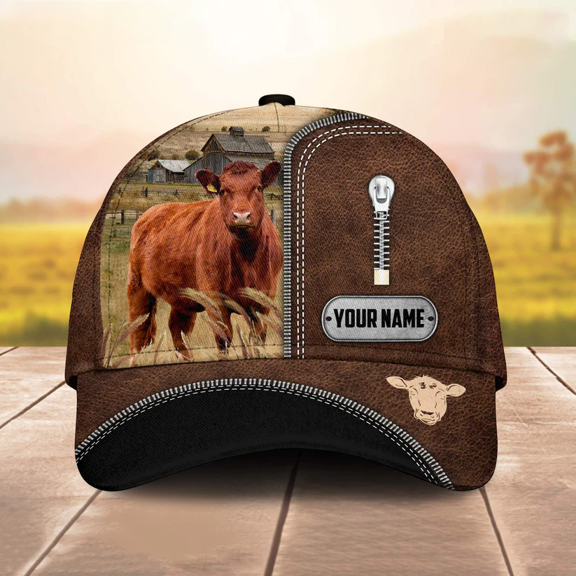 Red Angus Leather Zip Pattern Customized Name Cap Trucker Hats Custom Hats Gifts For Men & Women