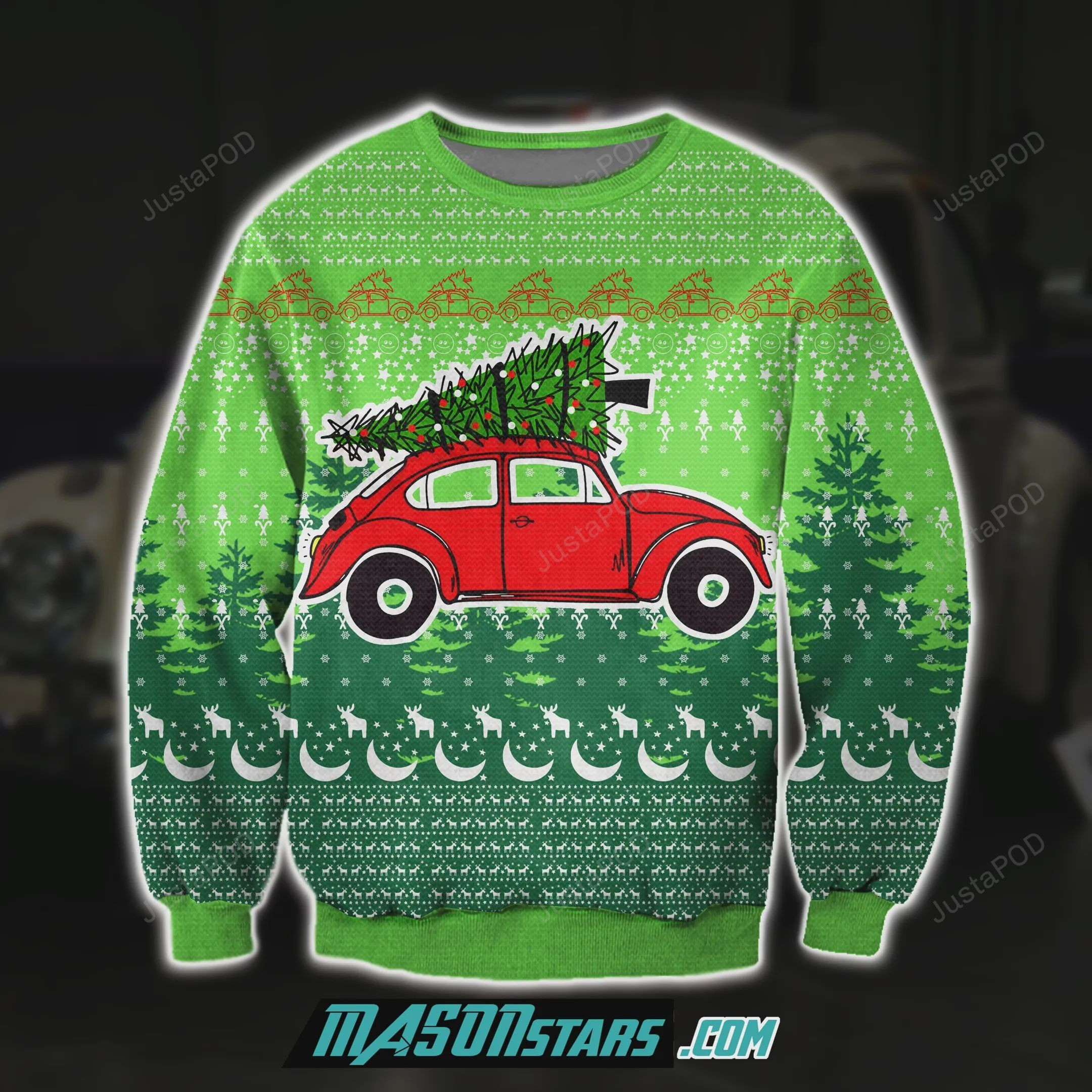 Red Bug Car 3D Print Knitting Pattern Ugly Christmas Sweater Adult 3D Funny Matching for family