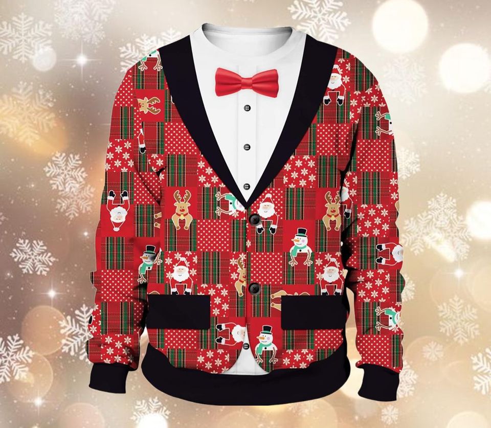 Red Christmas Suit Ugly Sweater, Funny Holiday Reindeer With Red Plaid Pattern,  Perfect Gift for Ugly Sweater Parties