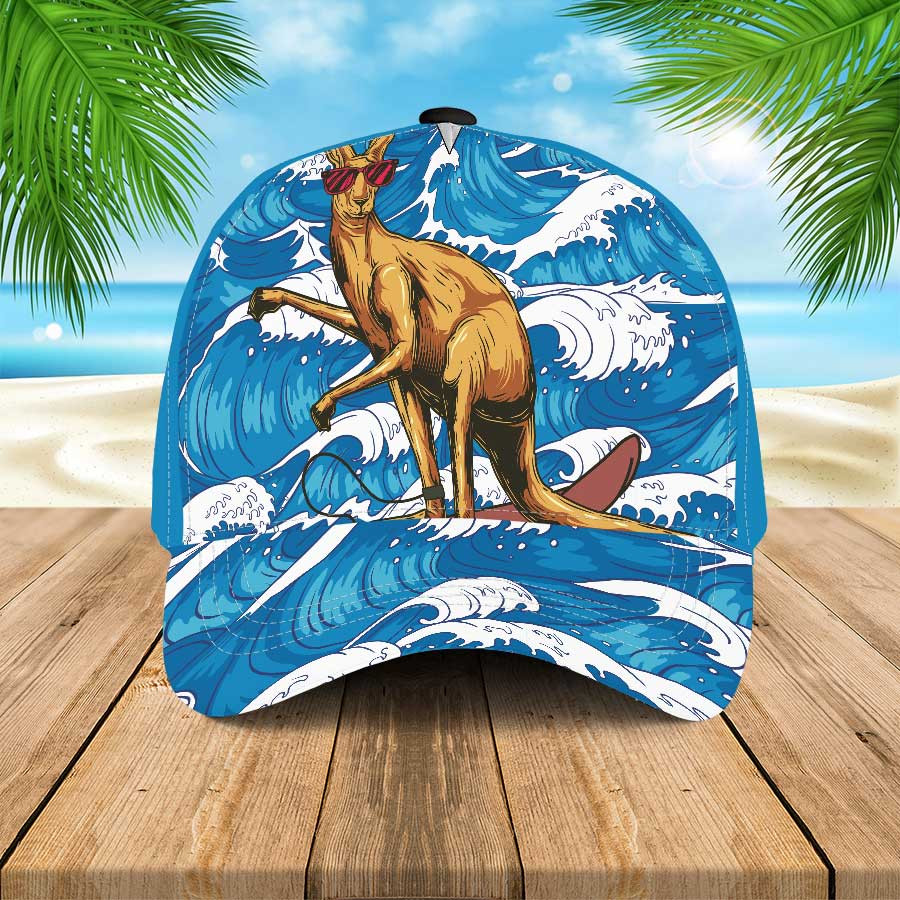 Red Glasses Kangaroo Surfing On Ocean Waves Hawaiian Kangaroo Summer Hats Cap Trucker Hats Custom Hats Gifts For Men & Women