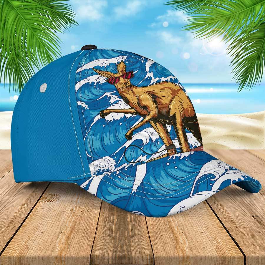 Red Glasses Kangaroo Surfing On Ocean Waves Hawaiian Kangaroo Summer Hats Cap Trucker Hats Custom Hats Gifts For Men & Women
