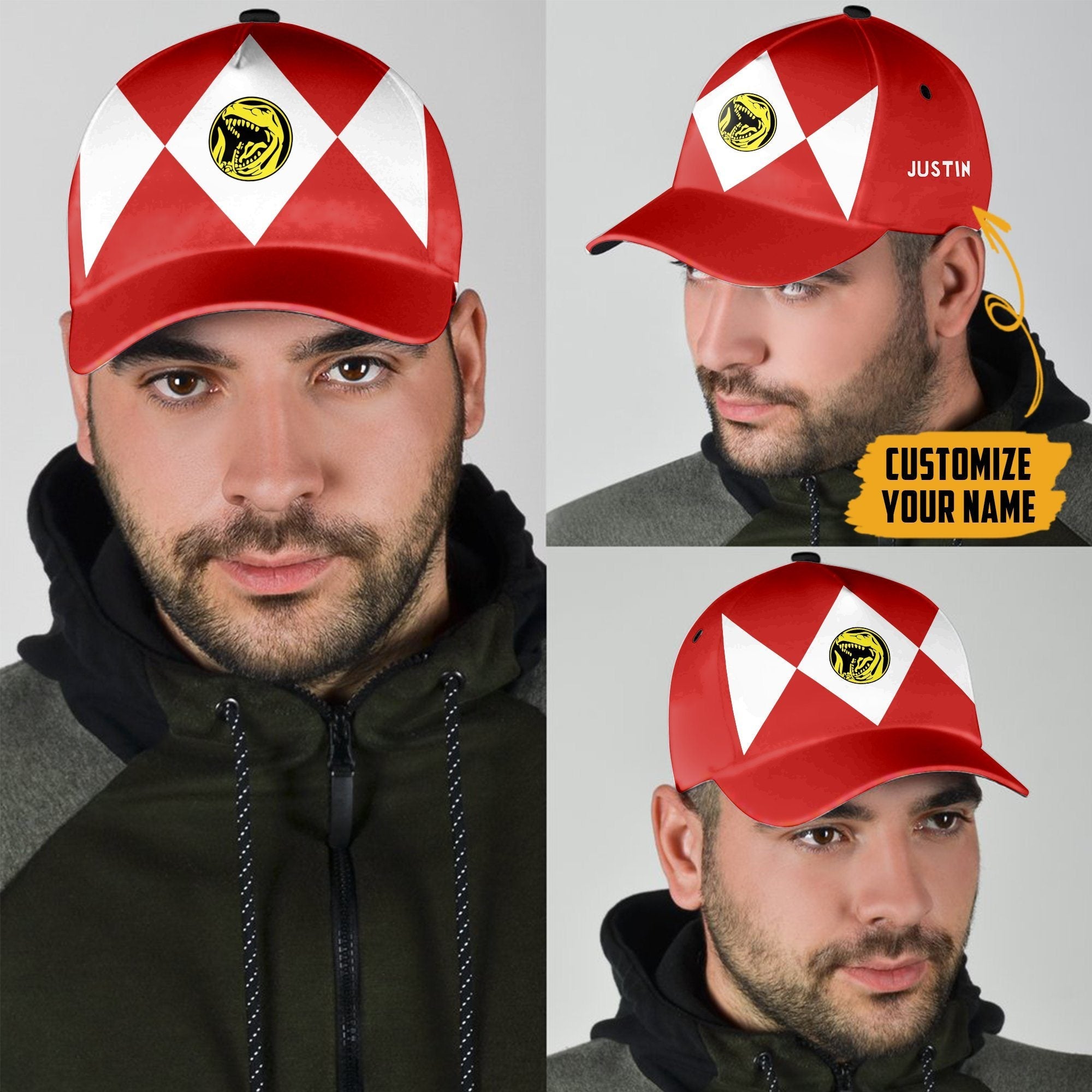 Red Mighty Morphin Power Rangers Custom Name Cap Trucker Hats Custom Hats Gifts For Men & Women