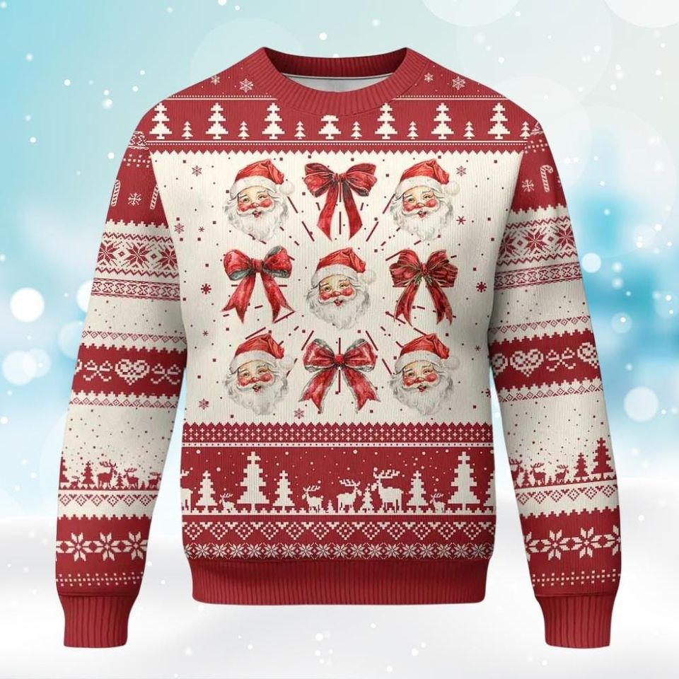Red Plaid Coquette Bow Santa Claus Ugly Christmas Sweater