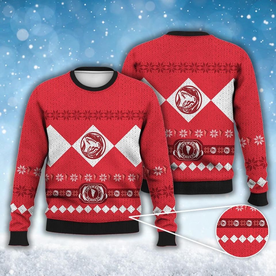 Red Ranger Ugly Christmas Sweater, PWR Christmas Ugly Sweater