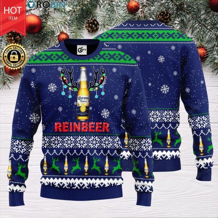 Reinbeer Corona Extra Beer Ugly Christmas Sweater Adult 3D Funny Matching for family