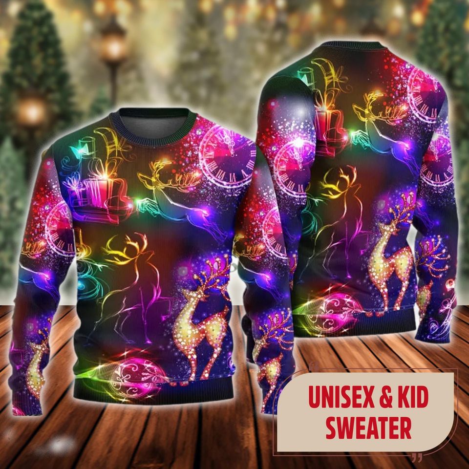 Reindeer Neon Light Bright Ugly Christmas Sweater, Bright Neon Lighting Xmas