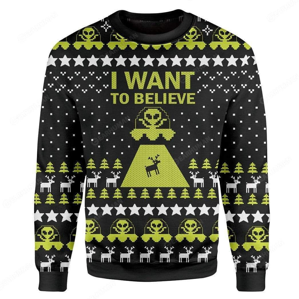 Reindeer Skull I Want To Believe For Unisex Ugly Christmas Sweater Adult 3D Funny Matching for family