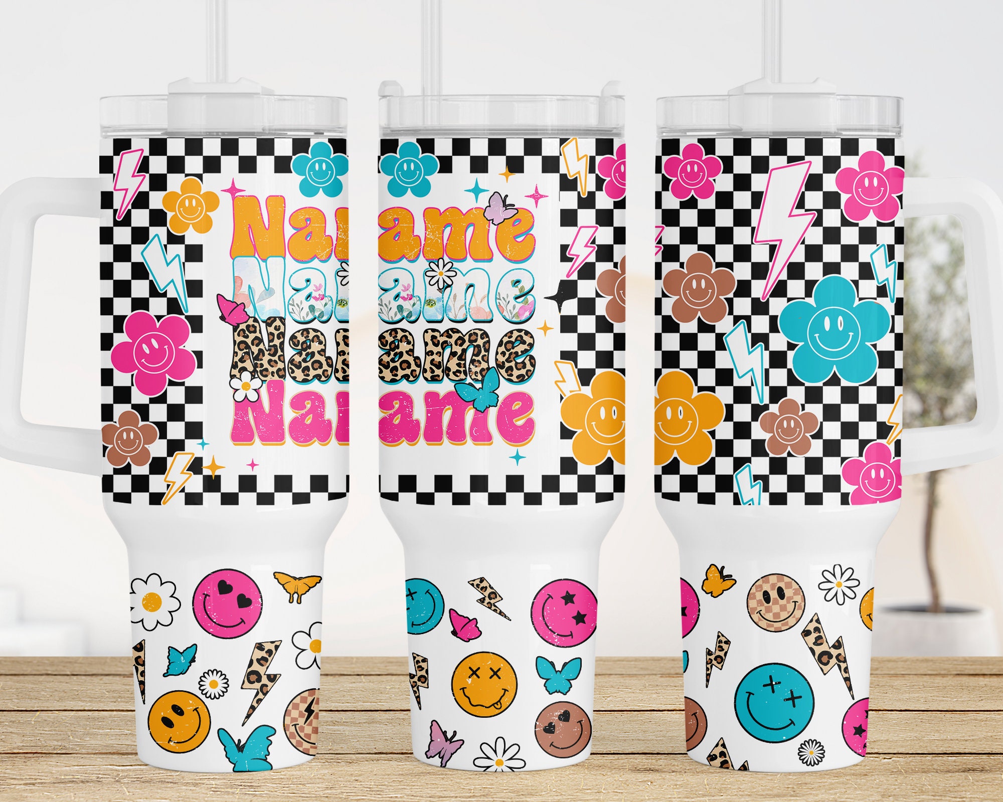 Retro Groovy Checkered Smiley Face Custom Stanley Cup 40 oz 30 oz Tumbler With HandleTVC2301957