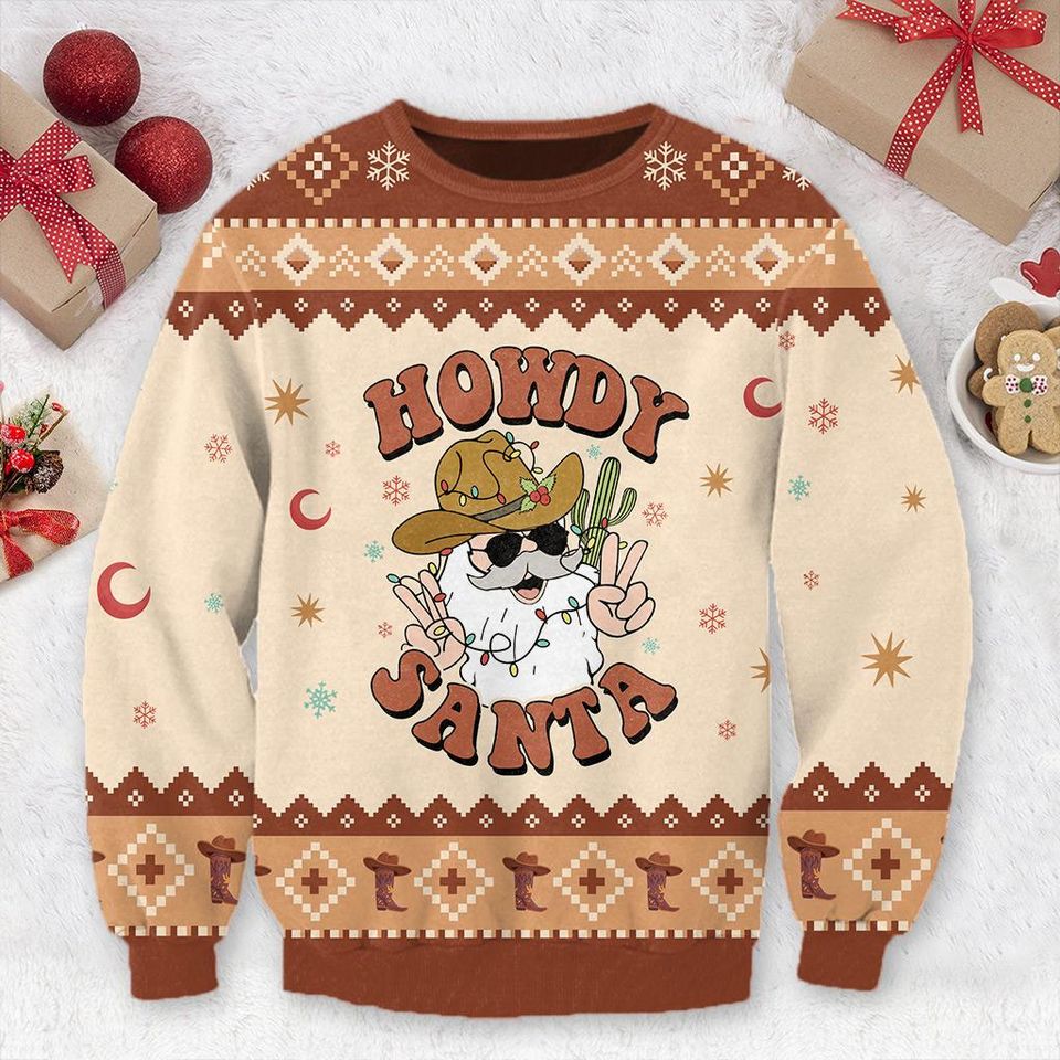 Retro Howdy Santa Christmas Ugly Sweater Cowboy Sweatshirt