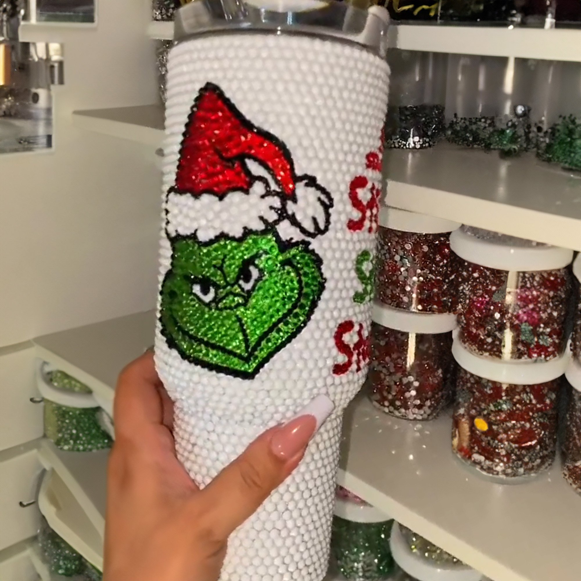 Rhinestone Bling The Grinch Christmas Cartoon Custom Stanley Cup 40 oz 30 oz Tumbler With HandleTVC2301530