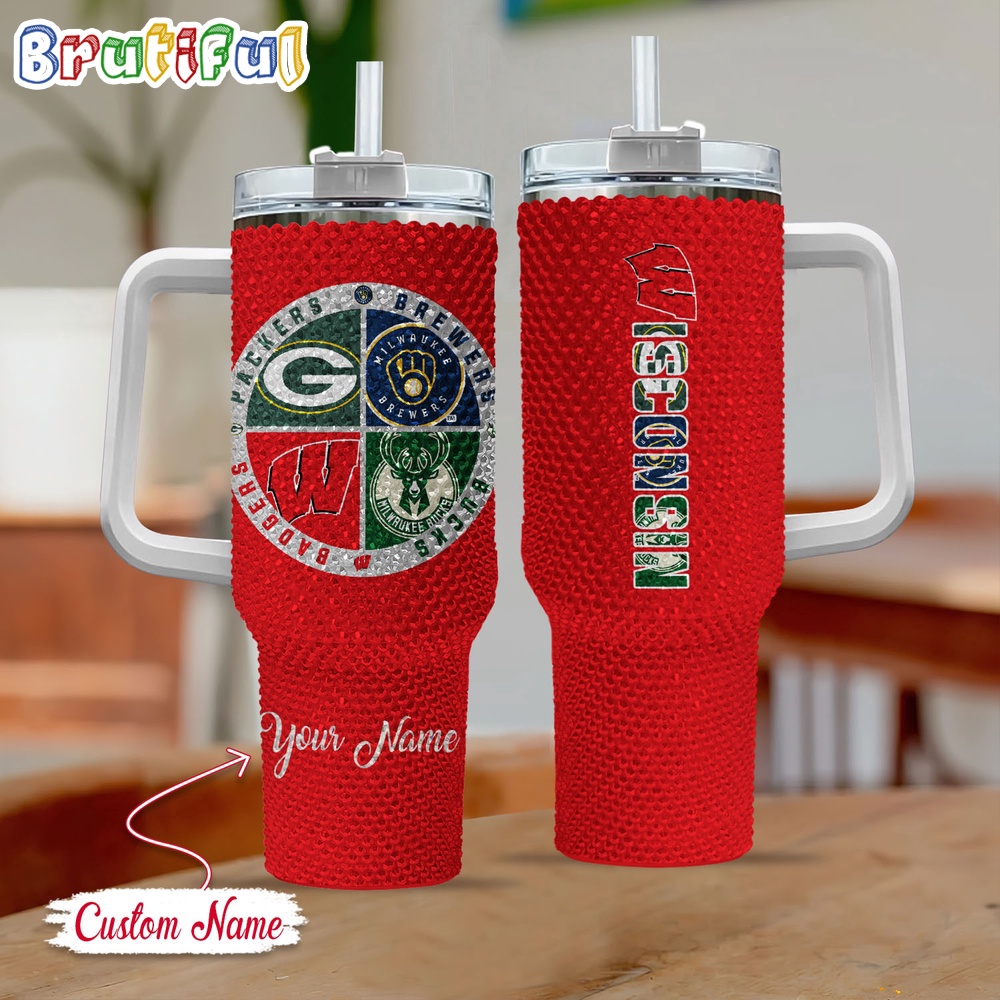 Rhinestone Bling Wisconsin Sport Logo Team Custom Stanley Cup 40 oz 30 oz Tumbler With HandleTVC2301413