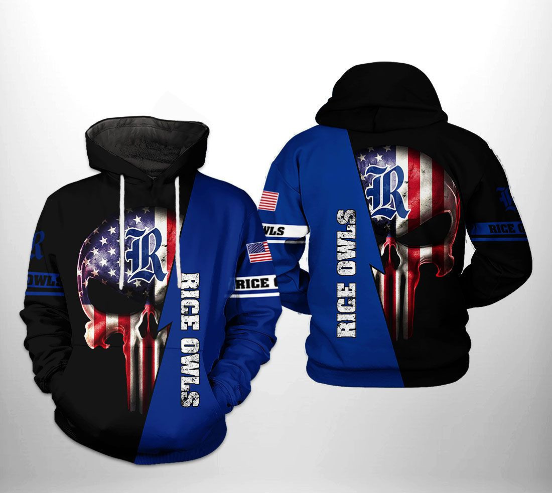 Rice Owls NCAA US Flag Skull 3D All Over Print Hoodie, Zip Hoodie