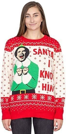Ripple Junction Elf Buddy Santa I Know Him Pattern Adult Ugly Christmas Sweater Adult 3D Funny Matching for family