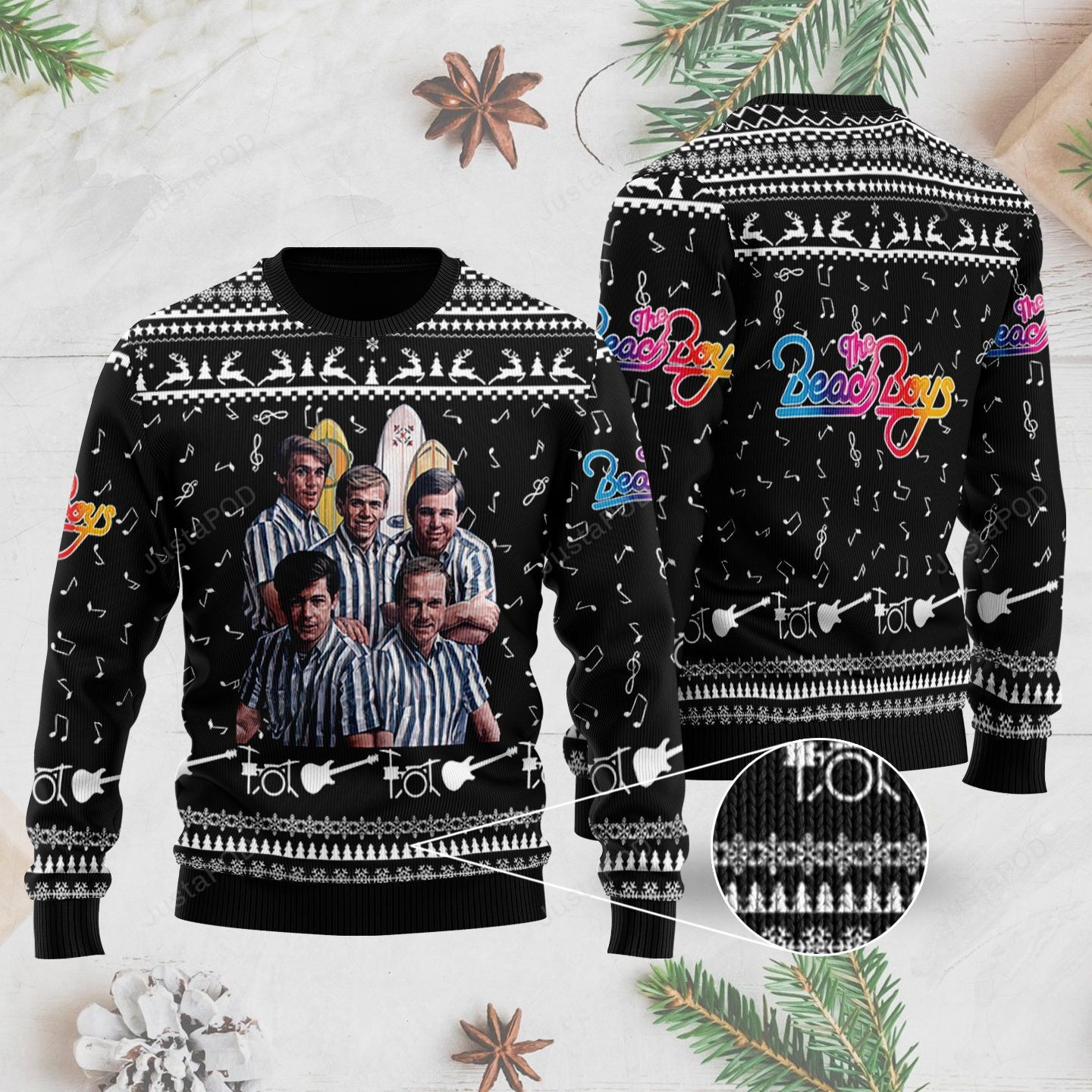 Rock Music The Beach Boys Band With Music Notes, Instruments And Colorful Words Ugly Christmas Sweater Adult 3D Funny Matching for family