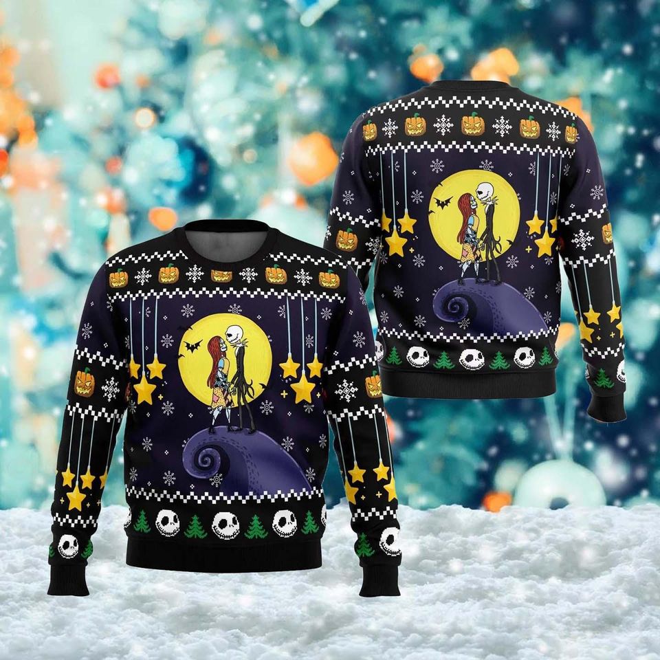 Romantic Skeleton Couple Ugly Sweatshirt, His And Her Nightmare Halloween Xmas Ugly Sweatshirt