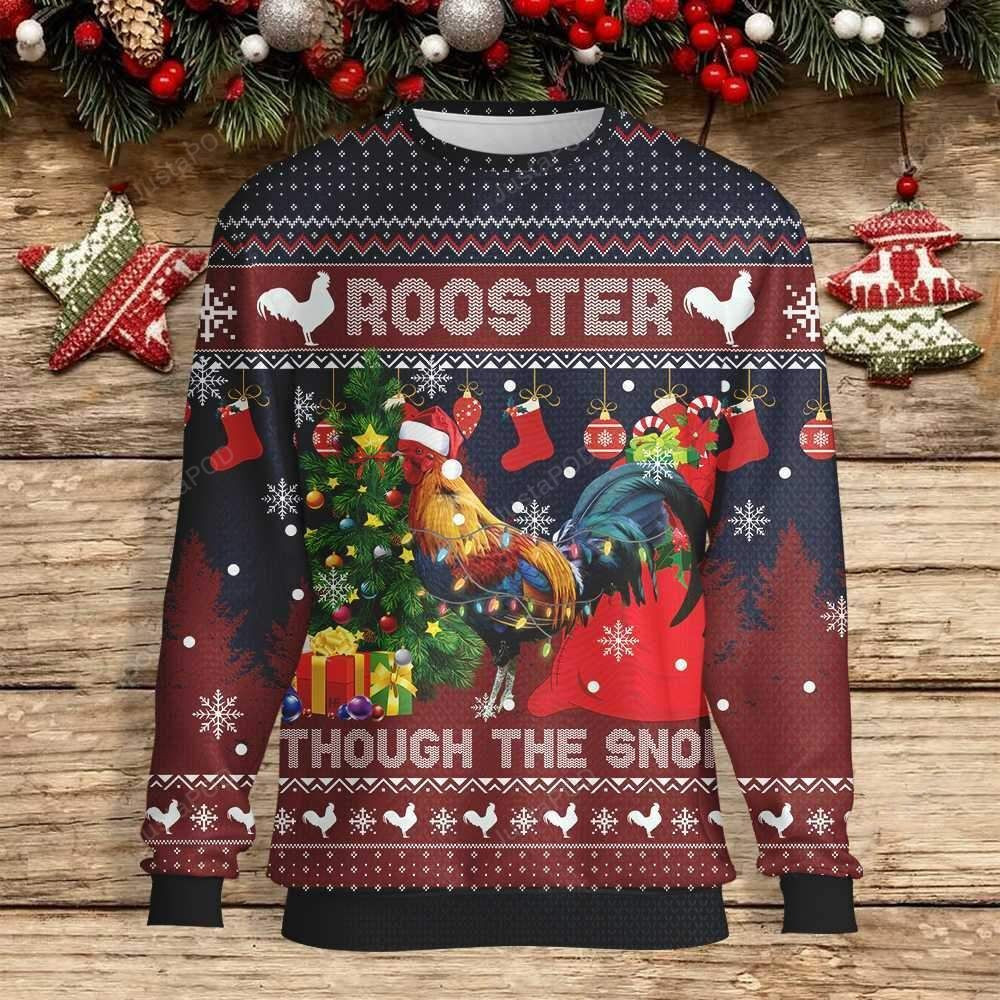 Rooster Through The Snow Red Navy Ugly Christmas Sweater Adult 3D Funny Matching for family