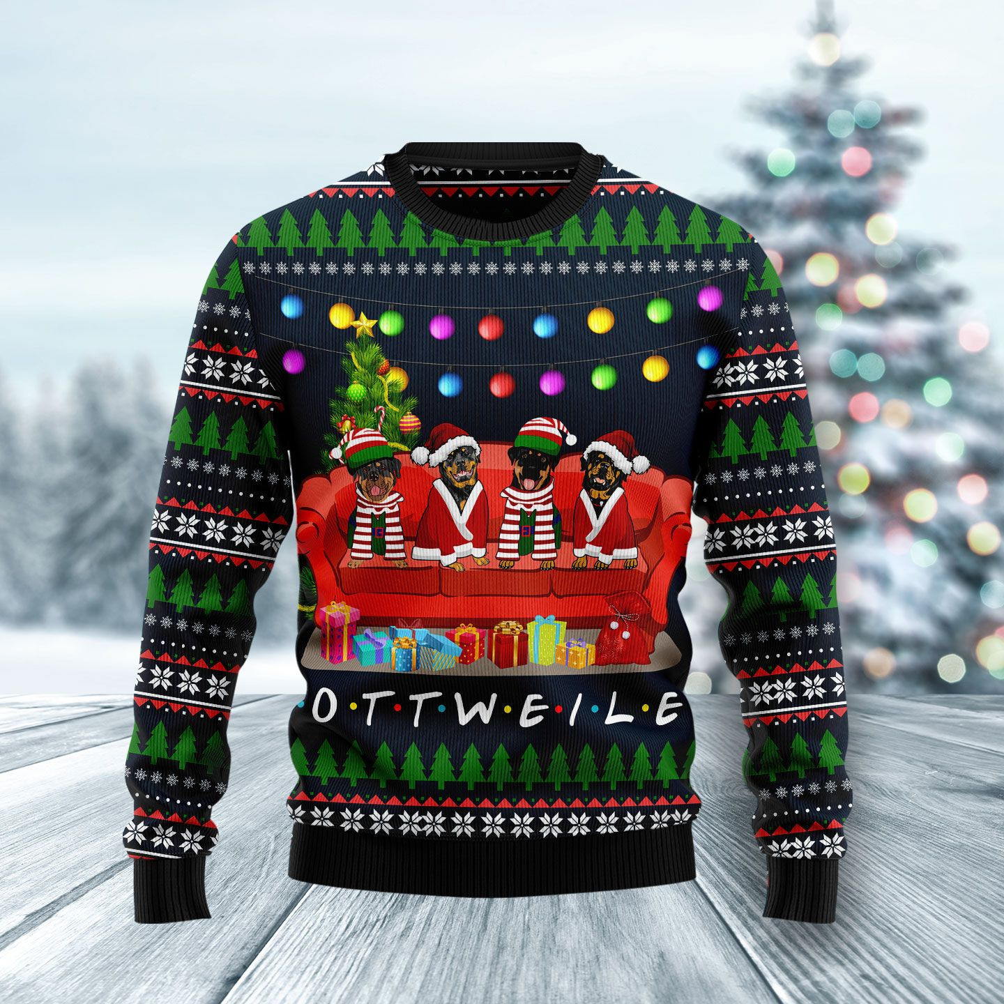 Rottweiler Friends On Red Sofa Ugly Christmas Sweater Adult 3D Funny Matching for family