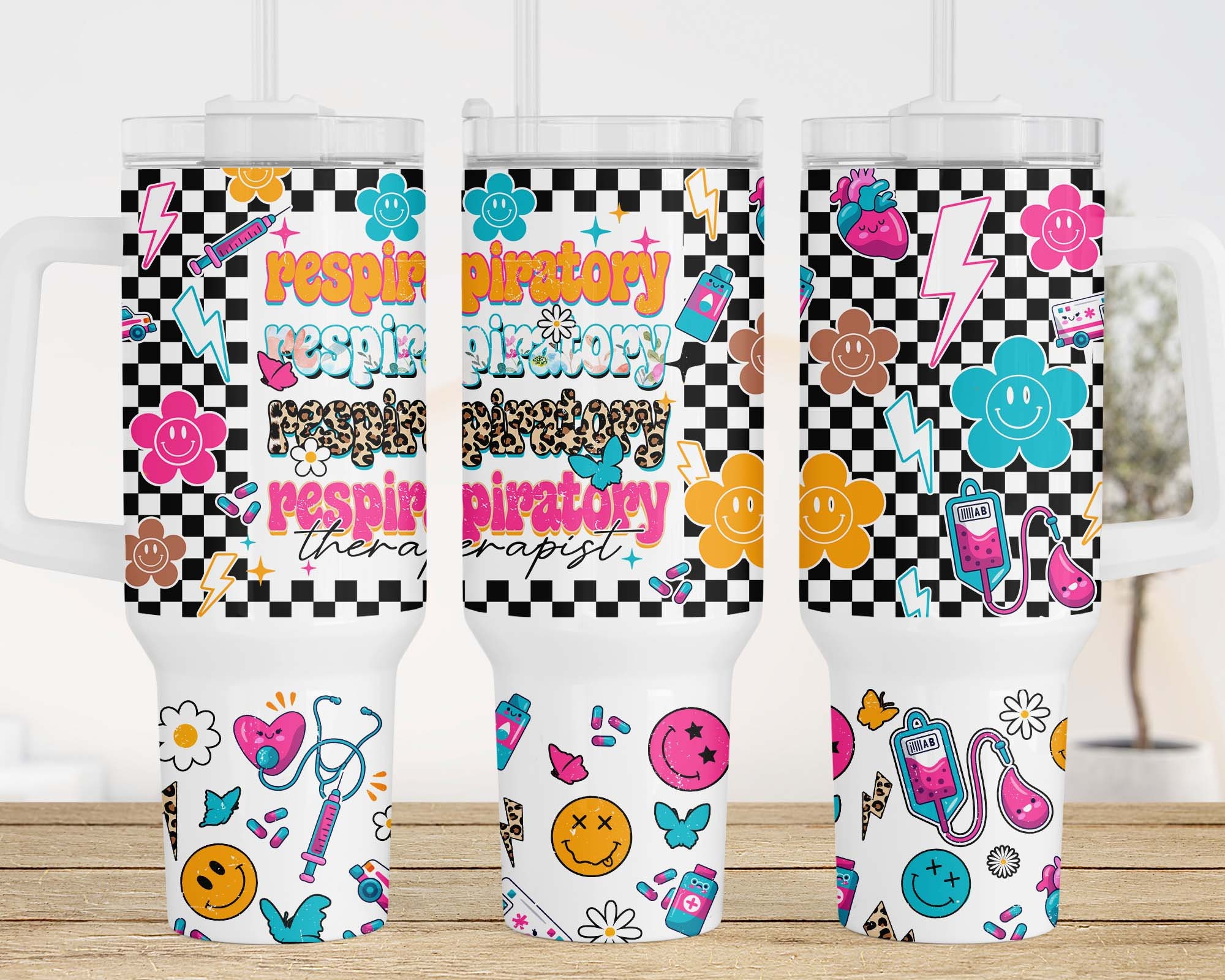 RT Respiratory Therapist Retro Checkered Smiley Face Custom Stanley Cup 40 oz 30 oz Tumbler With HandleTVC2301959