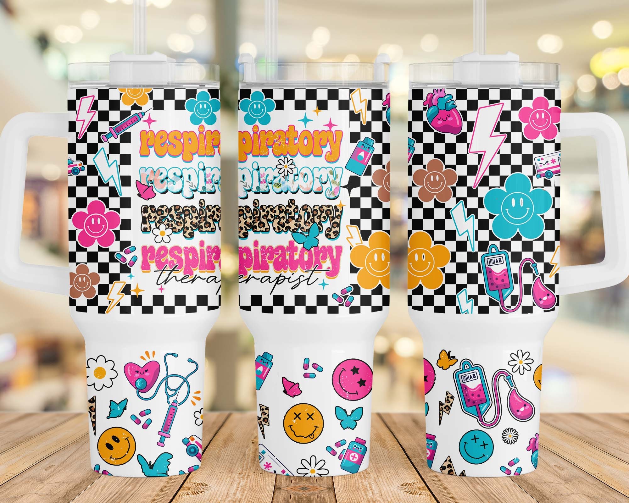 RT Respiratory Therapist Retro Checkered Smiley Face Custom Stanley Cup 40 oz 30 oz Tumbler With HandleTVC2301959 - Image 2