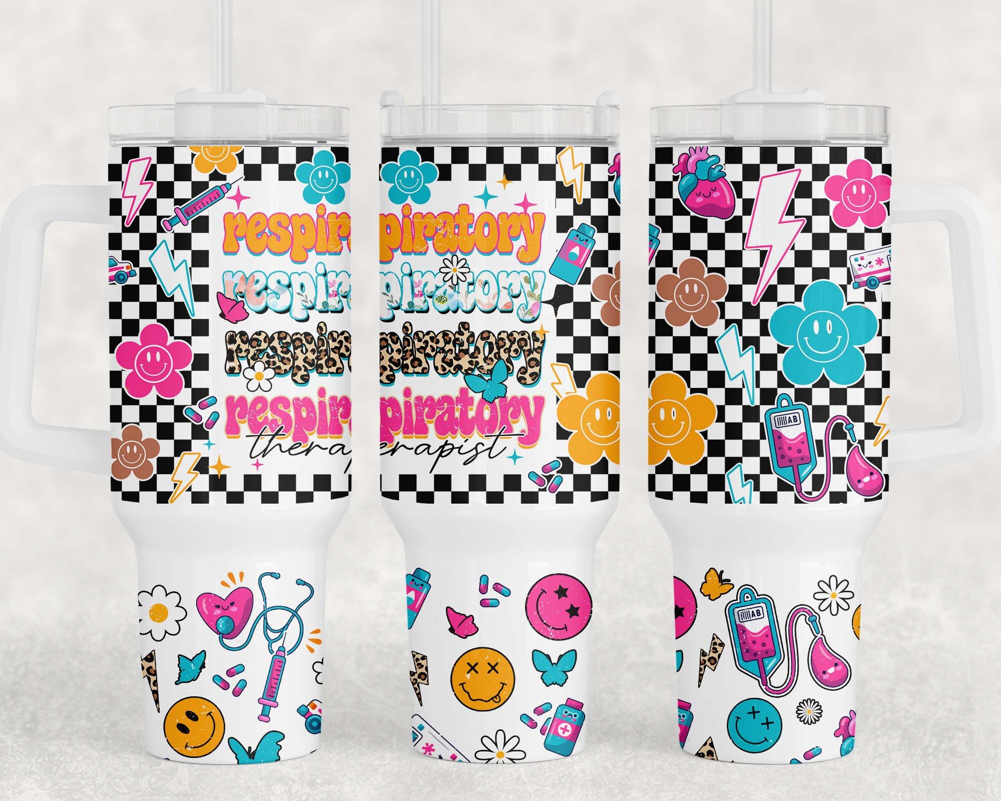 RT Respiratory Therapist Retro Checkered Smiley Face Custom Stanley Cup 40 oz 30 oz Tumbler With HandleTVC2301959 - Image 3