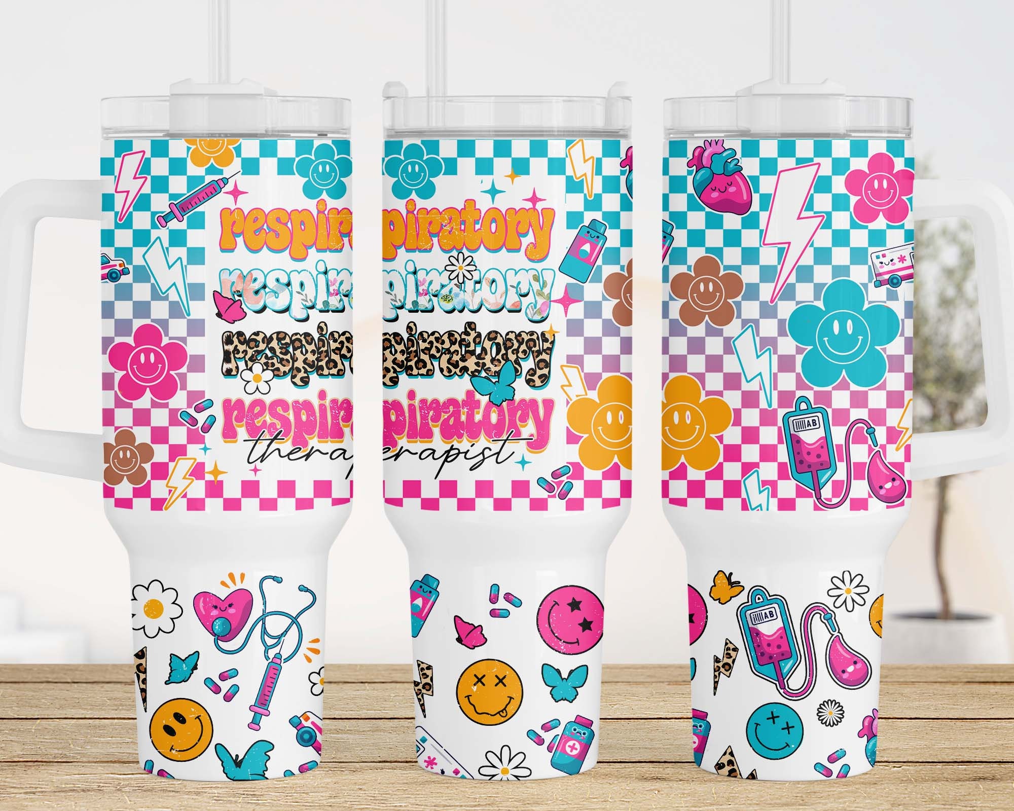 RT Respiratory Therapist Retro Checkered Smiley Face Custom Stanley Cup 40 oz 30 oz Tumbler With HandleTVC2301960