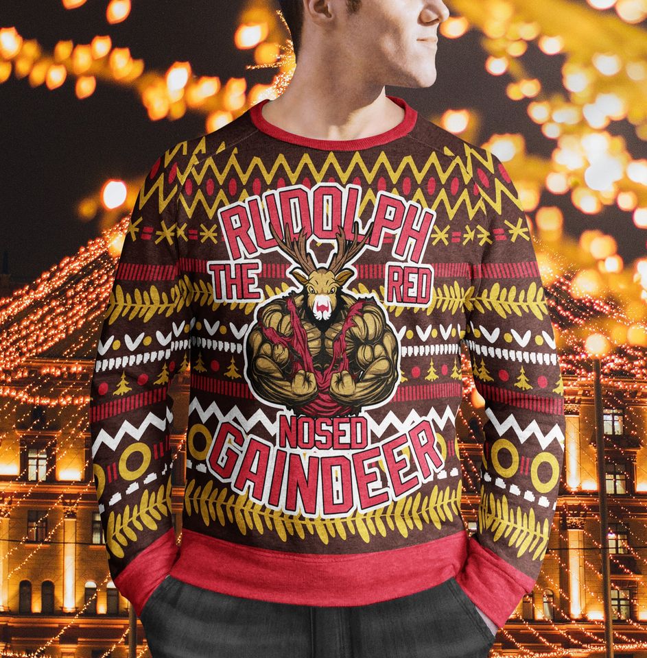 Rudolph The Red Nosed Gaindeer Sweater Muscle Reindeer Funny Christmas Ugly Sweater