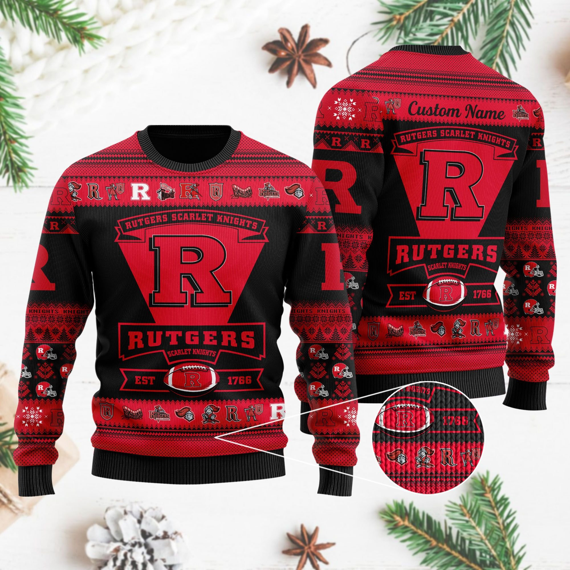 Rutgers Scarlet Knights Football Team Logo Personalized Ugly Christmas Sweater Adult 3D Funny Matching for family - Image 4