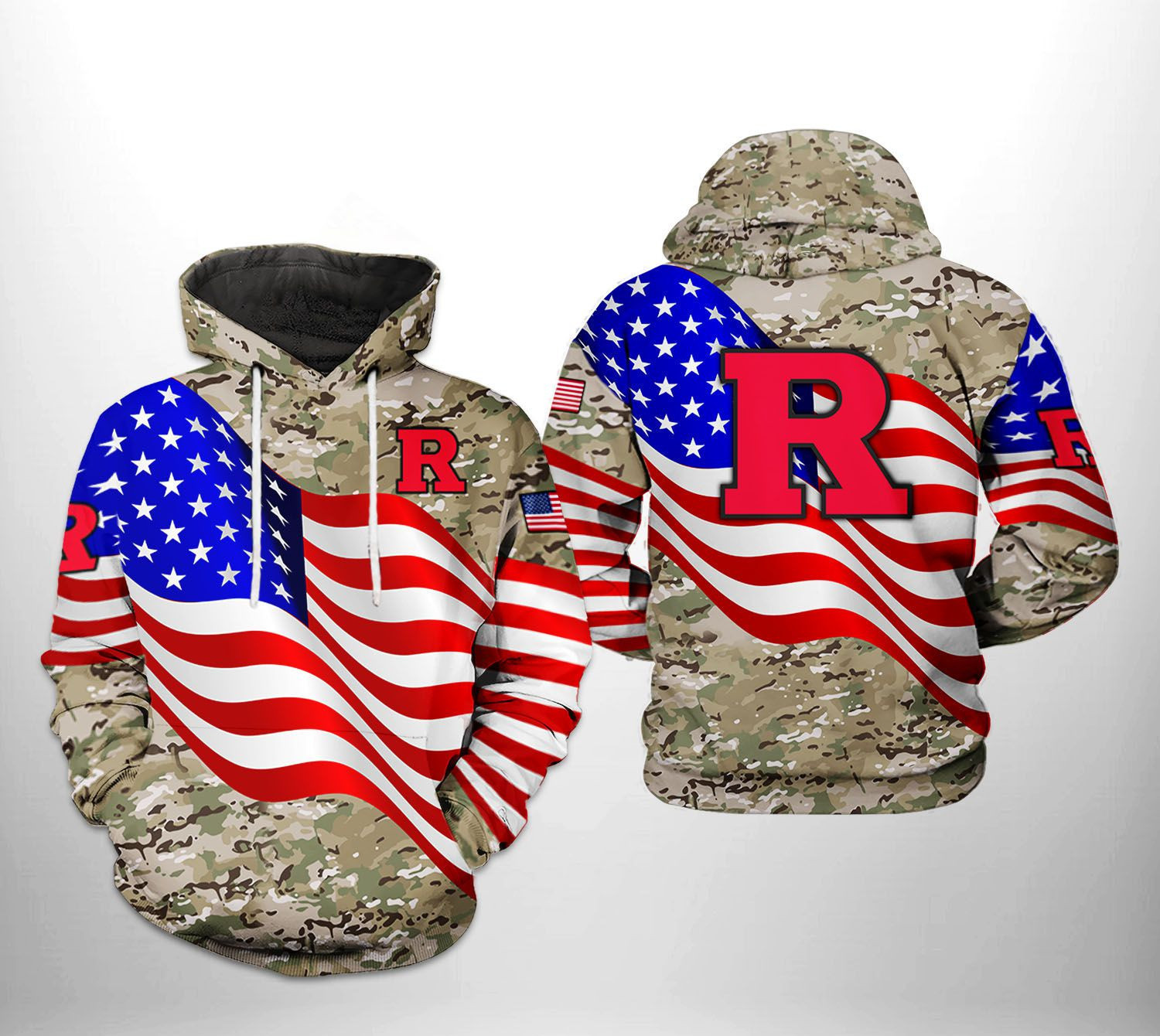 Rutgers Scarlet Knights NCAA US Flag Camo Veteran 3D All Over Print Hoodie, Zip Hoodie
