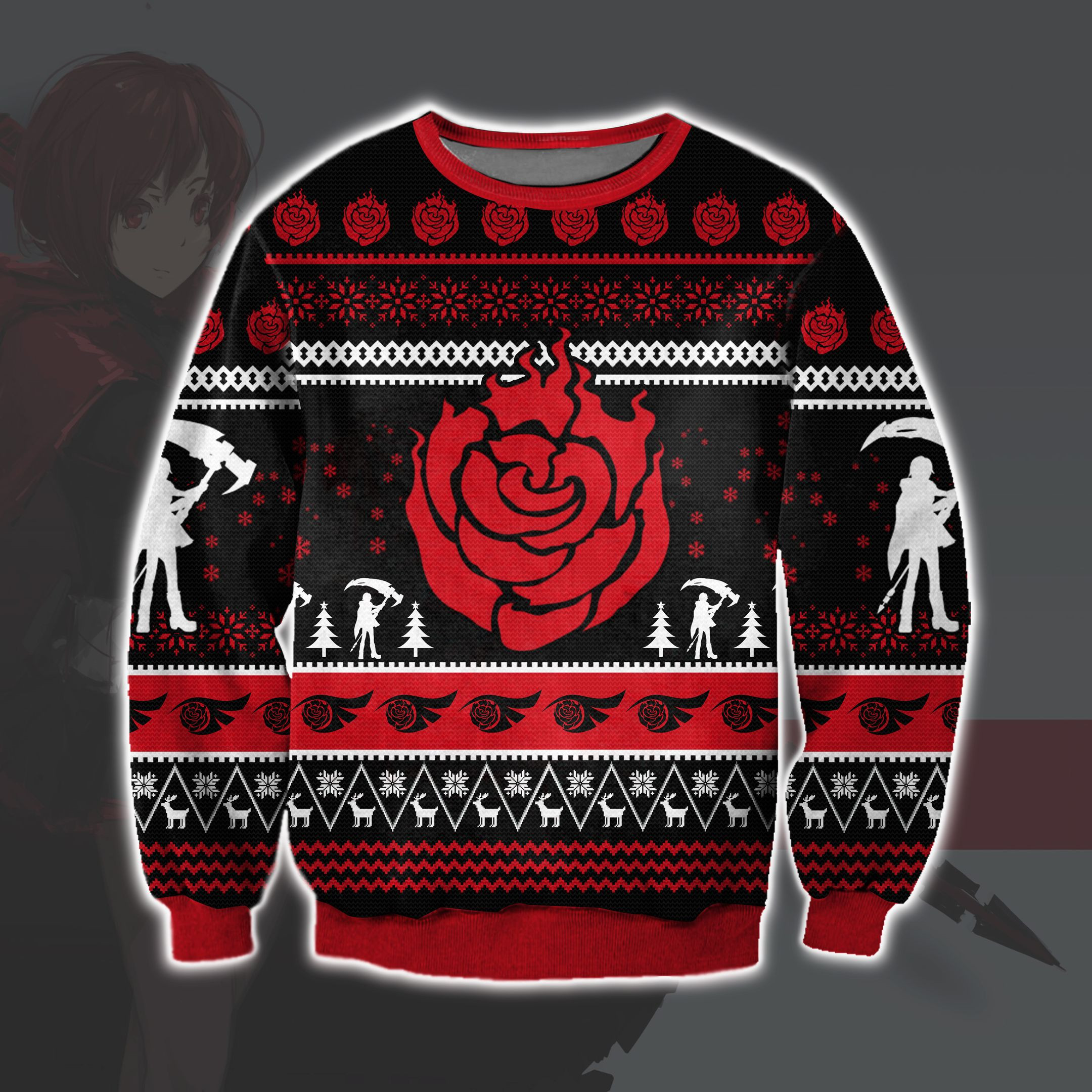Rwby Ruby Rose 3D Print Ugly Christmas Sweater Adult 3D Funny Matching for family